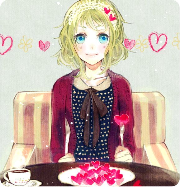 Anime picture 1345x1396 with vocaloid gumi vient single tall image blush short hair blue eyes smile sitting green hair girl heart sweater cup plate fork coffee