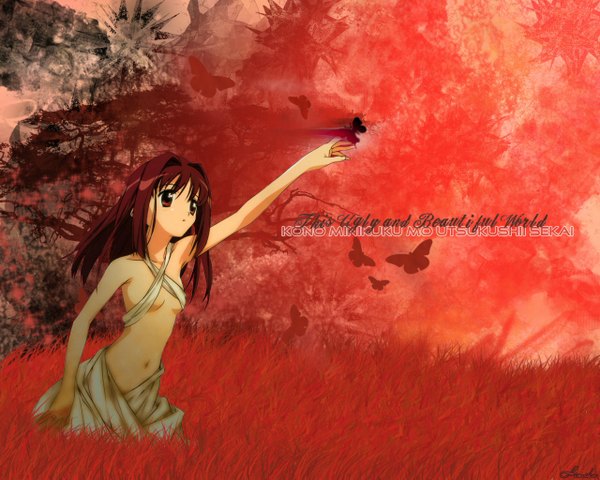 Anime picture 1280x1024 with kono minikuku mo utsukushii sekai akari (konomini) himiko single long hair light erotic red eyes looking away red hair arm up copyright name red background third-party edit girl plant (plants) insect butterfly grass