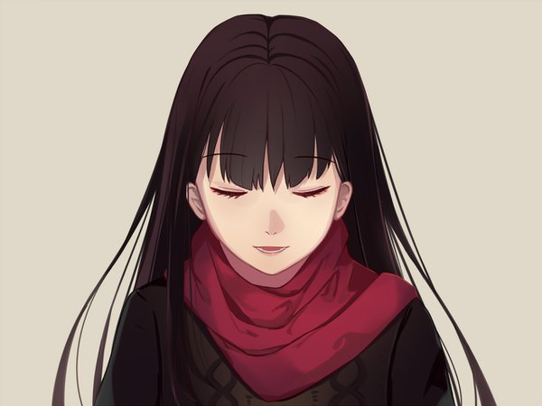 Anime picture 1280x960 with original itachi kanade single long hair fringe open mouth black hair simple background upper body eyes closed grey background talking girl scarf sweater red scarf
