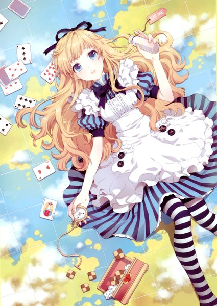Anime picture 1938x2736 with alice in wonderland alice (wonderland) nardack single long hair tall image looking at viewer blush highres open mouth blue eyes blonde hair holding cloud (clouds) lying short sleeves puffy sleeves striped girl bow