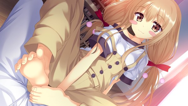 Anime picture 1280x720 with koiken otome chiyoda mari long hair looking at viewer blush smile brown hair wide image brown eyes game cg barefoot legs girl bow hair bow overalls
