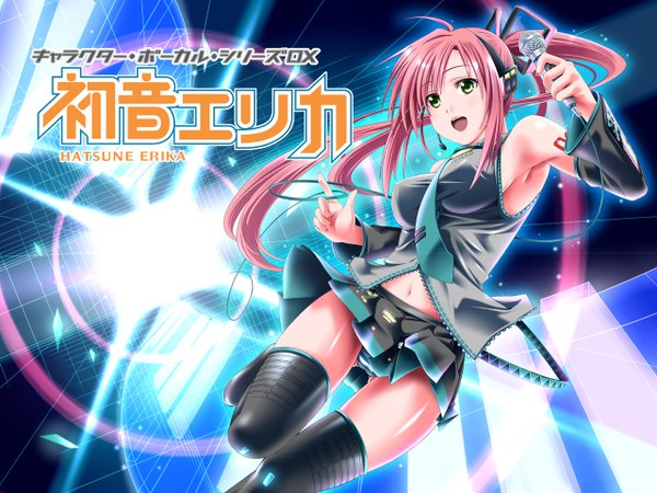 Anime picture 1280x960 with pangya vocaloid hana (pangya) uron-rei single looking at viewer open mouth light erotic smile green eyes pink hair bent knee (knees) very long hair :d pleated skirt armpit (armpits) happy cosplay hatsune miku (cosplay) girl