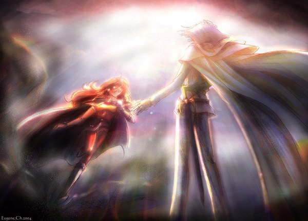 Anime picture 984x710 with slayers j.c. staff lina inverse zelgadiss graywords eugene chung long hair short hair open mouth standing signed purple hair bent knee (knees) sunlight orange hair couple tears gradient background spread arms crying running