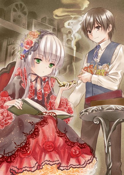 Anime picture 1060x1500 with gosick studio bones victorique de blois kujou kazuya amano sakuya long hair tall image fringe short hair smile brown hair holding brown eyes green eyes silver hair blunt bangs light smile official art smoke lolita fashion