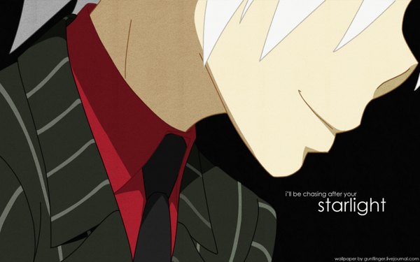 Anime picture 1440x900 with soul eater studio bones soul eater evans single simple background smile wide image white hair profile text black background close-up striped english head out of frame formal boy shirt necktie blazer