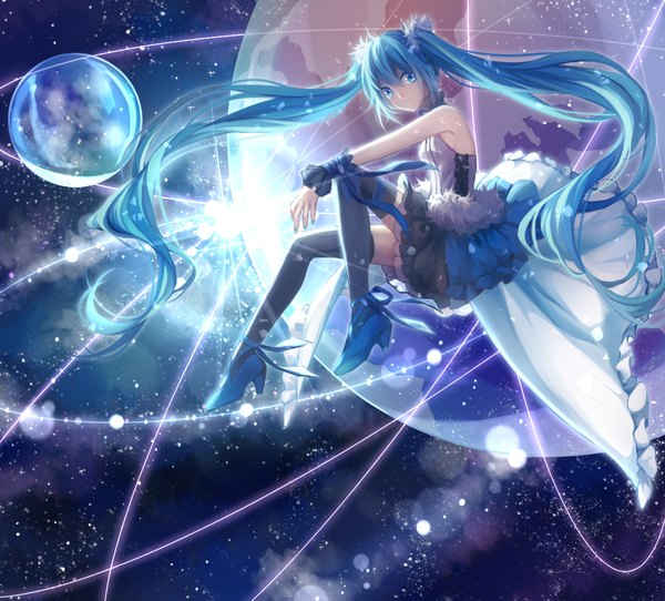 Anime picture 1050x950 with 7th dragon 7th dragon 2020 vocaloid hatsune miku single looking at viewer fringe blue eyes smile twintails bare shoulders blue hair bent knee (knees) very long hair nail polish glow girl thighhighs ribbon (ribbons) black thighhighs