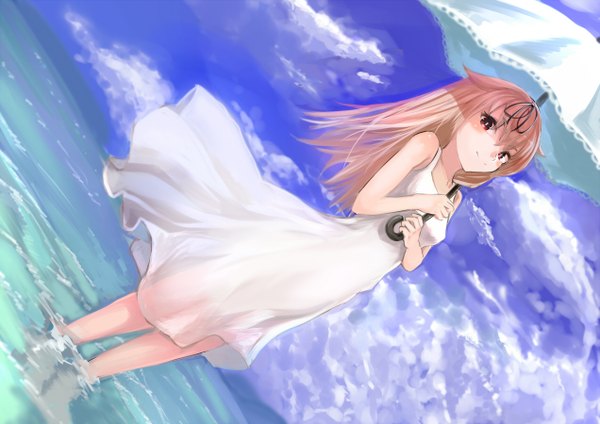 Anime picture 1271x900 with kantai collection yuudachi destroyer asyde single long hair looking at viewer blush fringe breasts blonde hair smile red eyes holding sky cloud (clouds) from below alternate costume horizon remodel (kantai collection) girl