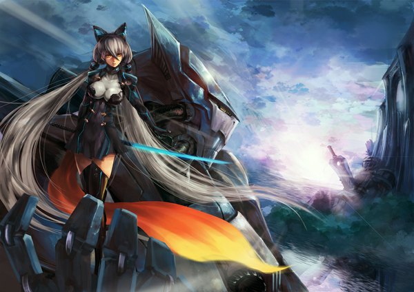 Anime picture 1000x707 with original teddy (khanshin) single long hair breasts standing twintails yellow eyes looking away sky cleavage white hair tail very long hair girl skirt hair ornament weapon sword boots