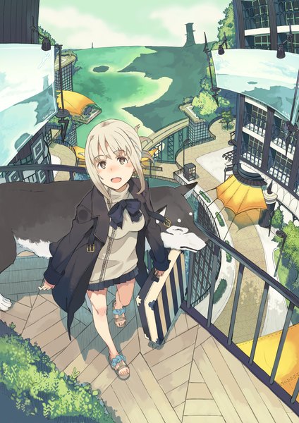 Anime picture 1200x1697 with original emuke (masatusaboten) single tall image looking at viewer blush short hair open mouth blonde hair brown eyes ponytail open clothes open jacket city scenic street girl skirt bow plant (plants)
