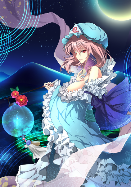 Anime picture 1015x1442 with touhou saigyouji yuyuko cube (maryquant) single tall image short hair red eyes pink hair night mountain girl dress flower (flowers) frills moon bonnet fan shawl
