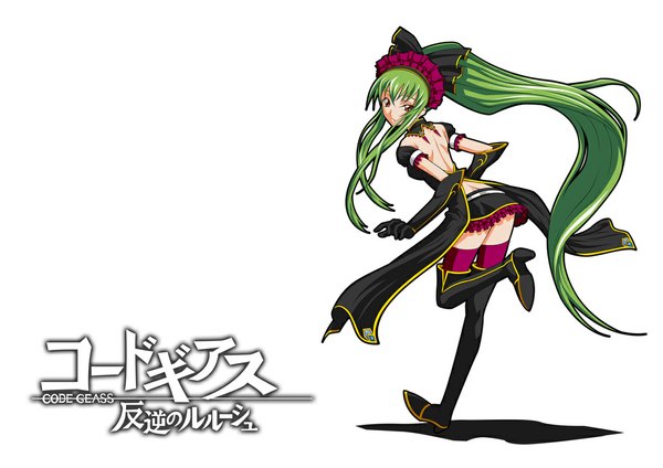 Anime picture 1132x800 with code geass sunrise (studio) c.c. superokkun single long hair fringe red eyes white background yellow eyes payot full body ponytail looking back green hair from behind alternate costume running girl gloves