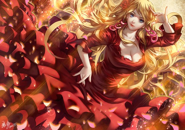 Anime picture 1200x848 with original wuduo single long hair looking at viewer fringe breasts blue eyes blonde hair smile large breasts standing signed cleavage nail polish sparkle lipstick red lipstick dancing 2015