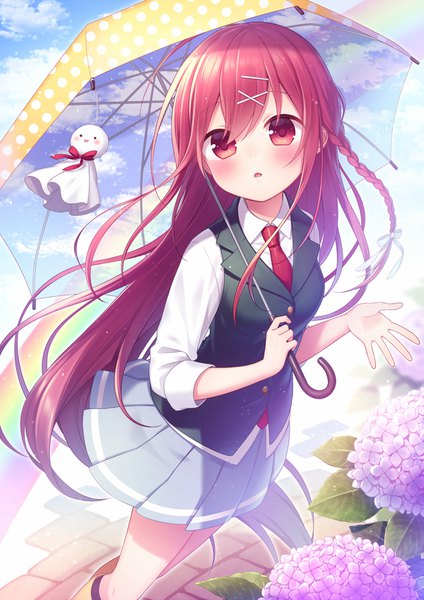 Anime picture 1200x1697 with original amane kurumi single long hair tall image looking at viewer blush fringe open mouth hair between eyes red eyes standing holding payot sky cloud (clouds) outdoors red hair parted lips pleated skirt