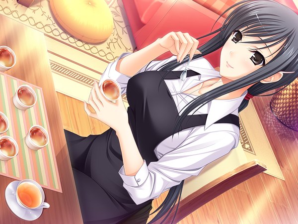 Anime picture 1024x768 with walkure romanze tagme (character) single long hair blush black hair sitting game cg black eyes eating girl apron cup