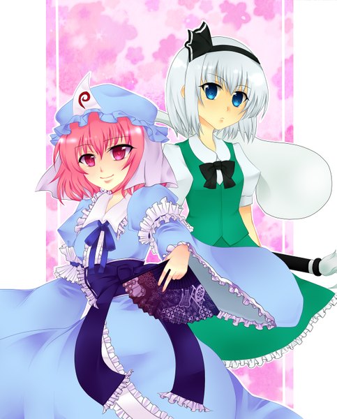 Anime picture 2549x3169 with touhou konpaku youmu saigyouji yuyuko tall image highres short hair blue eyes smile red eyes multiple girls white hair red hair japanese clothes ghost girl dress skirt weapon 2 girls sword