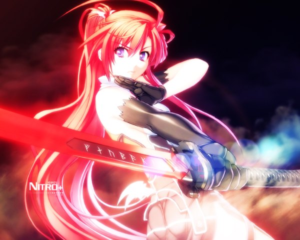 Anime picture 1280x1024 with jingai makyou nitroplus ignis single long hair purple eyes ponytail red hair girl gloves weapon sword katana