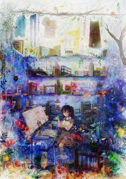 Anime picture 1447x2047 with original neyagi tall image black hair sitting ponytail detailed girl dress skirt flower (flowers) plant (plants) tree (trees) book (books) fish (fishes) lamp clothes