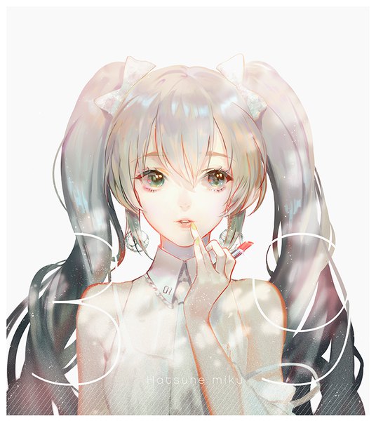 Anime picture 769x860 with vocaloid hatsune miku say hana single long hair tall image fringe simple background hair between eyes twintails bare shoulders holding green eyes payot looking away silver hair upper body nail polish parted lips fingernails