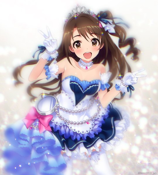 Anime picture 900x1000 with idolmaster idolmaster cinderella girls idolmaster cinderella girls starlight stage shimamura uzuki mizuki makoto single long hair tall image looking at viewer blush open mouth brown hair brown eyes one side up drill hair victory starry sky bright girl thighhighs dress