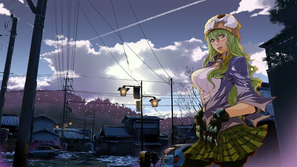 Anime picture 1600x900 with bleach studio pierrot nelliel tu odelschwanck comipa single long hair looking at viewer breasts wide image large breasts yellow eyes sky cloud (clouds) green hair espada girl skirt gloves jacket mask