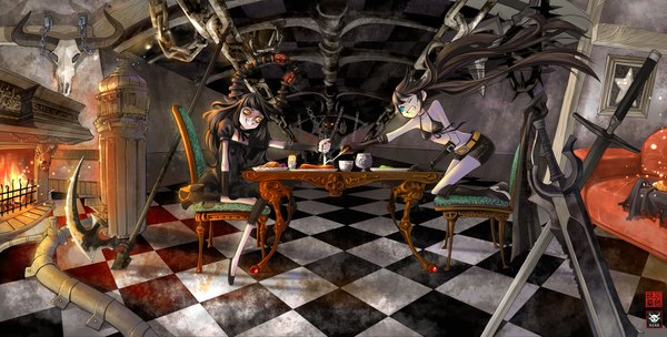 Anime picture 2000x1014 with black rock shooter black rock shooter (character) dead master grayfair (artist) long hair highres blue eyes wide image multiple girls one eye closed horn (horns) wink checkered floor crazy girl weapon 2 girls shoes shorts boots