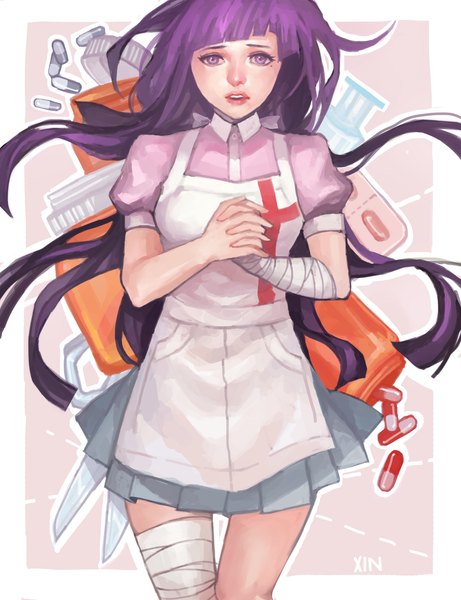 Anime picture 2000x2600 with dangan ronpa super dangan ronpa 2 tsumiki mikan moostachu single long hair tall image looking at viewer fringe highres open mouth purple eyes purple hair mole mole under eye knees touching girl skirt apron bandage (bandages)