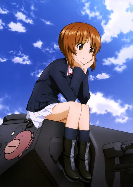 Anime picture 2894x4090 with girls und panzer nishizumi miho tall image highres short hair brown hair brown eyes sky cloud (clouds) scan official art girl skirt miniskirt socks boots black socks ground vehicle tank