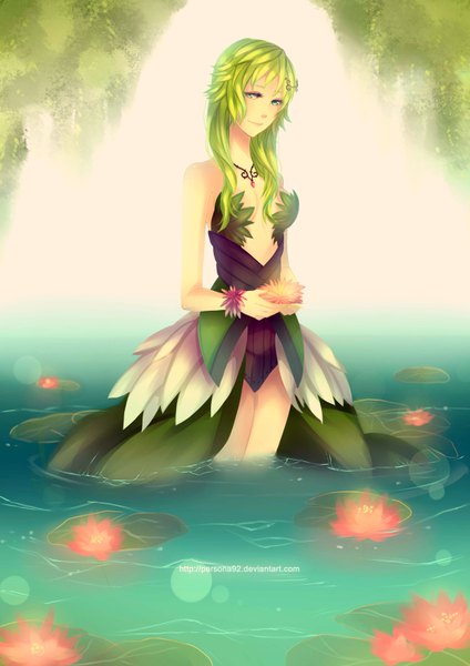 Anime picture 2480x3507 with persona92 (orichie) single tall image highres short hair smile green eyes signed nail polish green hair girl dress water necklace water lily pond