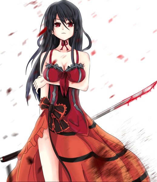 Anime picture 1036x1200 with original voyager289 single long hair tall image breasts light erotic black hair red eyes white background girl dress weapon sword katana blood