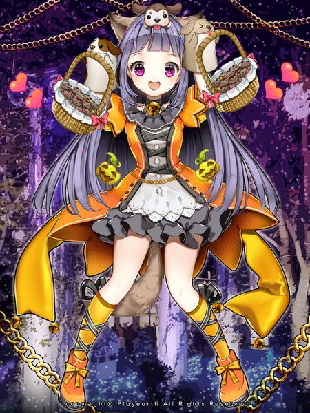 Anime picture 1500x2000 with original primcoco (jooarose) single long hair tall image looking at viewer blush open mouth black hair purple eyes animal ears tail animal tail halloween girl dress boots heart chain bell