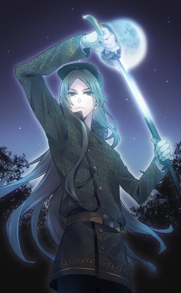 Anime picture 742x1200 with meiji tokyo renka fujita gorou logi (logica+physica) single long hair tall image looking at viewer aqua eyes aqua hair night fighting stance unsheathing boy gloves uniform weapon plant (plants) sword tree (trees) white gloves