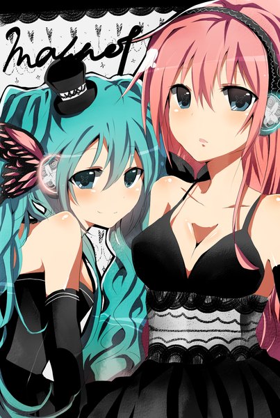 Anime picture 1024x1524 with vocaloid magnet (vocaloid) hatsune miku megurine luka yuu (ckd27) long hair tall image blush blue eyes smile bare shoulders multiple girls pink hair aqua hair girl dress 2 girls hat headphones black dress