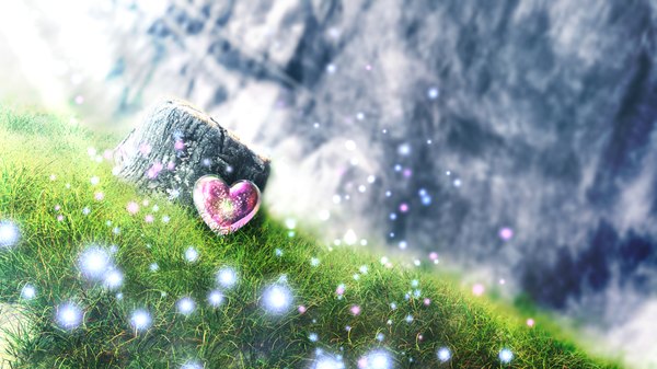 Anime picture 1920x1080 with original y-k highres wide image sparkle depth of field no people landscape fantasy scenic 3d plant (plants) heart jewelry grass