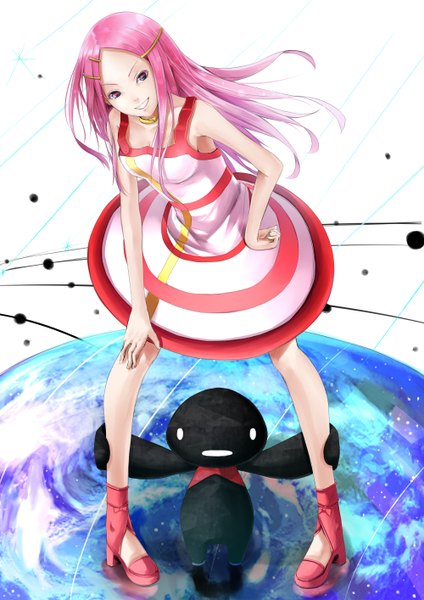 Anime picture 2000x2828 with eureka seven studio bones anemone theend reio reio single long hair tall image looking at viewer highres blue eyes smile standing white background pink hair leaning leaning forward hand on knee girl dress