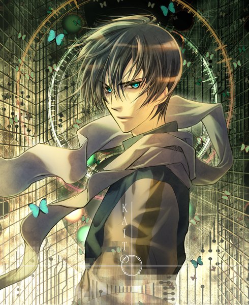 Anime picture 1226x1500 with vocaloid kaito (vocaloid) shijuu hachi single tall image short hair blue eyes brown hair inscription boy scarf insect butterfly
