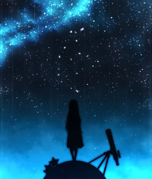 Anime picture 1016x1200 with original rery rr23 long hair tall image night night sky rain silhouette milky way girl dress star (stars) telescope