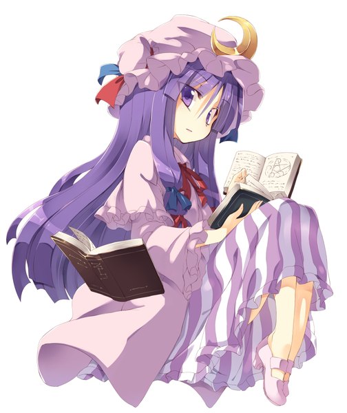 Anime picture 883x1050 with touhou patchouli knowledge satou kibi single long hair tall image looking at viewer simple background white background purple hair girl dress bow hair bow book (books) bonnet