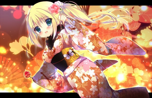 Anime picture 1000x646 with original shiratama (shiratamaco) long hair blush open mouth blue eyes blonde hair ponytail japanese clothes hair flower side ponytail new year girl hair ornament kimono leaf (leaves) insect butterfly obi