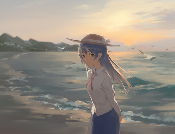 Anime picture 1900x1460 with love live! school idol project sunrise (studio) love live! sonoda umi huanxiang heitu single long hair looking at viewer highres yellow eyes blue hair light smile beach hands behind back happy birthday girl skirt hat animal shirt