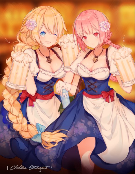 Anime picture 2480x3188 with fate (series) fate/grand order jeanne d'arc (fate) (all) jeanne d'arc (fate) florence nightingale (fate) miyuki (miyuki0529) long hair tall image blush fringe highres breasts open mouth blue eyes blonde hair smile hair between eyes standing multiple girls holding