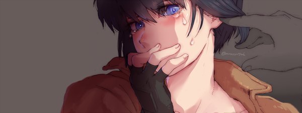 Anime picture 1202x452 with ghost in the shell production i.g kusanagi motoko katsuoboshi single blush short hair black hair simple background wide image purple eyes signed grey background tears close-up face crying girl gloves jacket