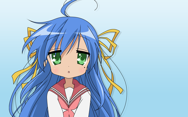Anime picture 1920x1200 with lucky star da capo kyoto animation izumi konata asakura nemu single long hair fringe highres open mouth wide image green eyes blue hair upper body ahoge long sleeves blue background vector cosplay surprised