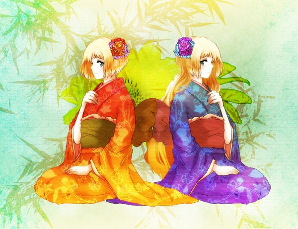 Anime picture 1300x1000 with axis powers hetalia studio deen liechtenstein (hetalia) koto2 blush short hair blonde hair smile multiple girls green eyes japanese clothes hair flower kneeling girl hair ornament 2 girls plant (plants) kimono bamboo