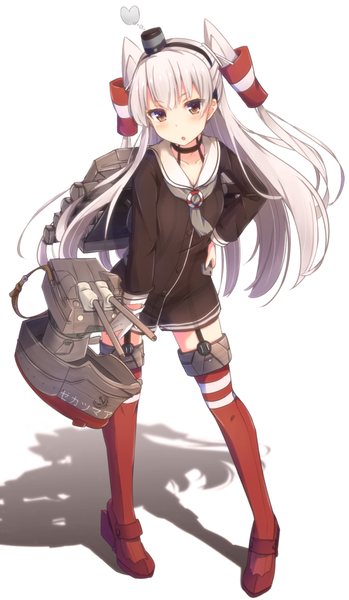 Anime picture 582x1000 with kantai collection amatsukaze destroyer rensouhou-kun cuon (kuon) single long hair tall image looking at viewer blush fringe open mouth simple background hair between eyes standing white background brown eyes full body head tilt grey hair :o