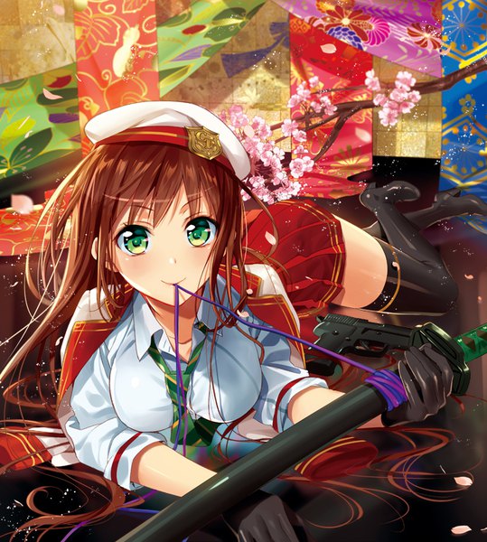 Anime picture 737x820 with original murakami yuichi single long hair tall image looking at viewer breasts brown hair large breasts holding green eyes bent knee (knees) lying pleated skirt sparkle zettai ryouiki crossed legs mouth hold cherry blossoms floral print