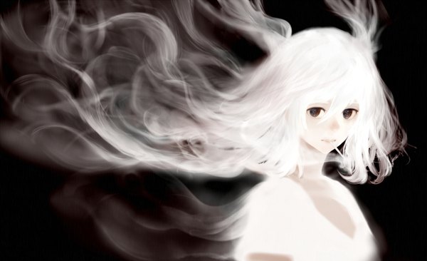 Anime picture 1872x1144 with original bounin single long hair looking at viewer fringe highres simple background smile wide image holding brown eyes white hair mouth hold black background smoke smoking girl cigarette