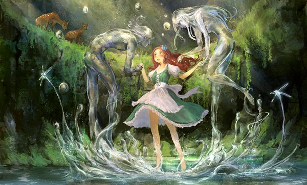 Anime picture 1000x606 with original you shimizu single long hair blush open mouth wide image standing holding barefoot sunlight bare legs legs holding hands adjusting hair surprised girl dress animal water