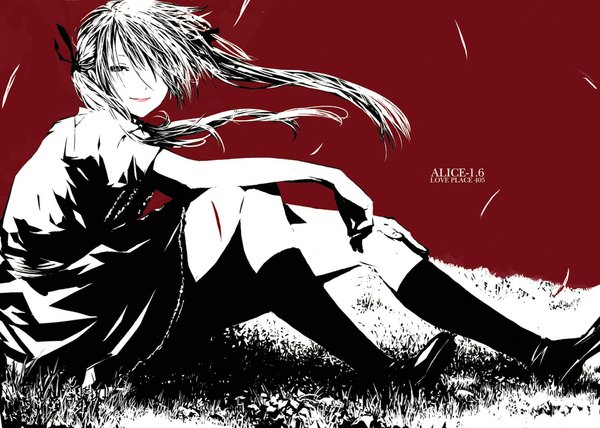 Anime picture 1000x714 with goshiki suzu single long hair looking at viewer blush fringe smile sitting twintails lips black eyes hair over one eye turning head monochrome red background injury girl skirt uniform school uniform