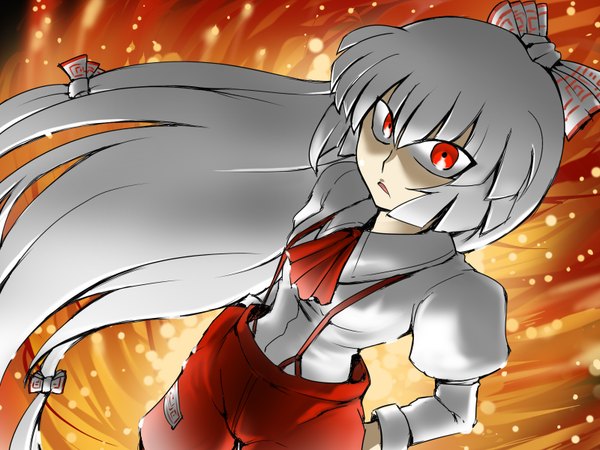 Anime picture 1600x1200 with touhou fujiwara no mokou tsuki wani highres red eyes white hair girl pants suspenders