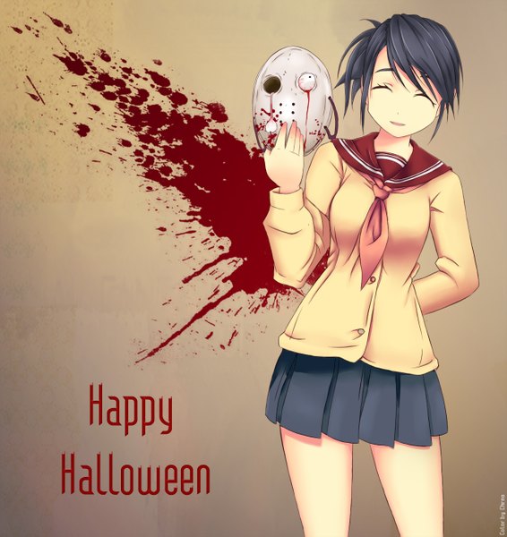 Anime picture 1250x1323 with ben-to zero: road to witch (manga) murasakike kazura lchrno single tall image short hair black hair simple background smile eyes closed halloween happy halloween girl skirt uniform serafuku blood mask